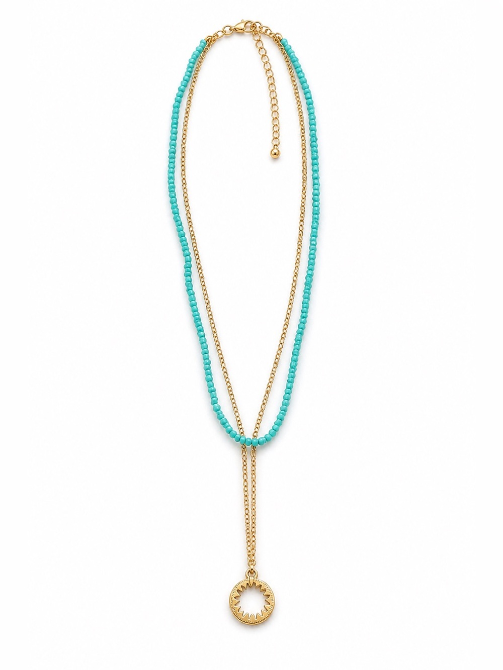 Gemma Simone Aqua Beaded Lariat Necklace Layered Gold Tone Boho Minimalist